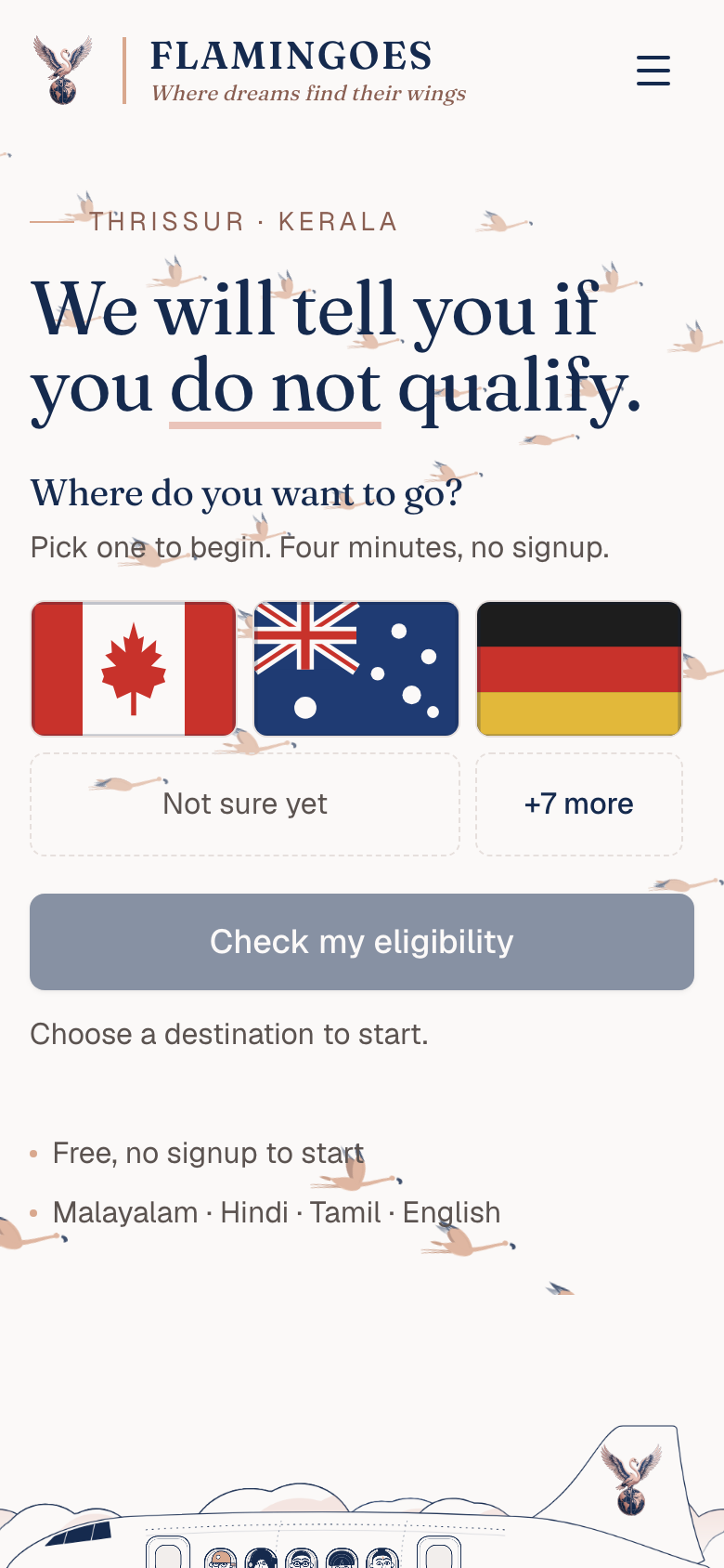 Flamingoes Migration Consultants website on a phone