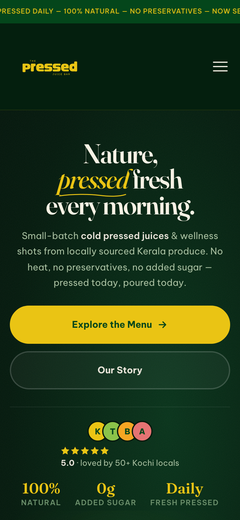 The Pressed Juice Bar website on a phone